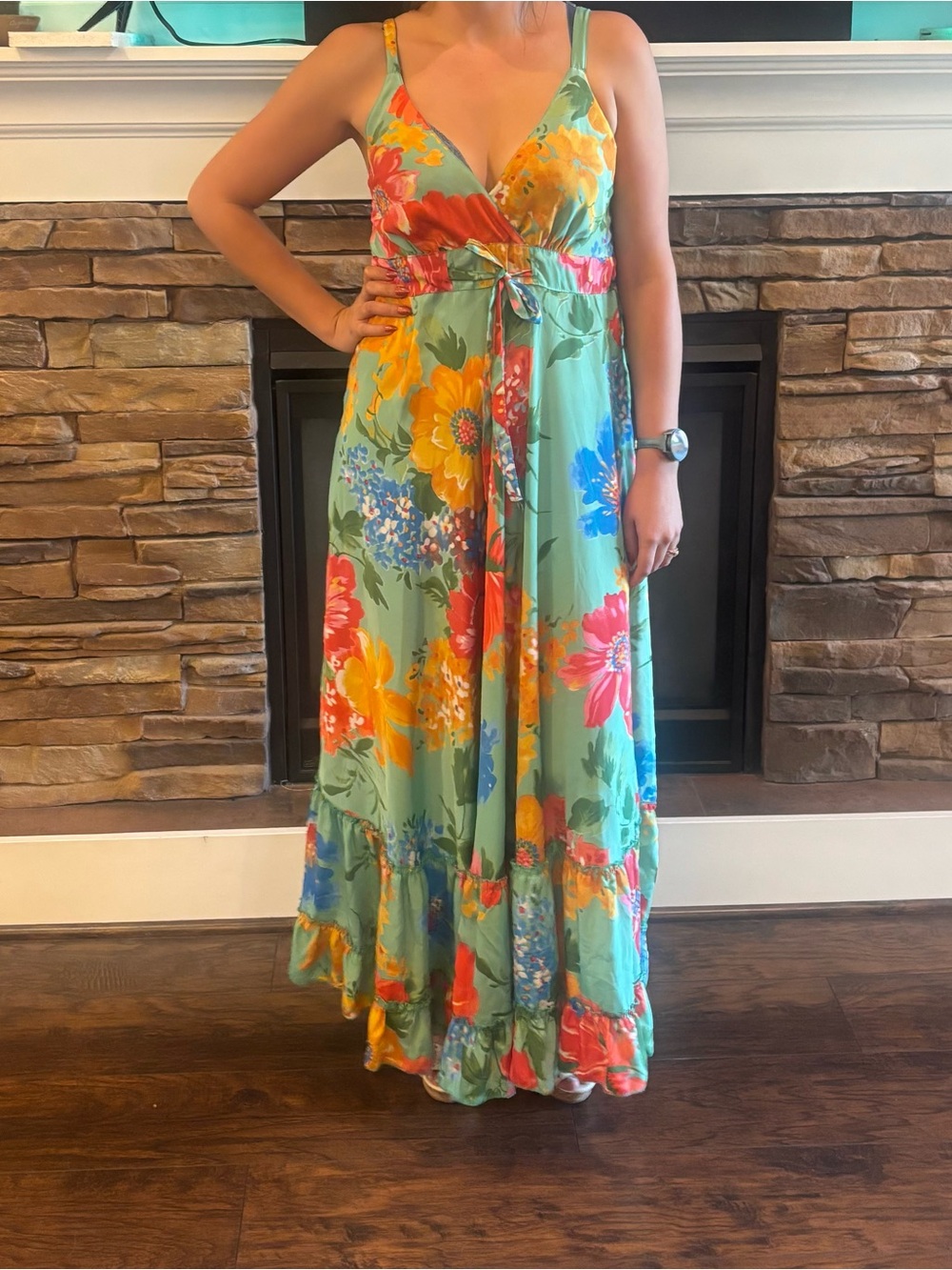 ME 2 Magic Vibrant Tropical Floral Maxi Dress Wrap V-Neck Ruffle Hem Small